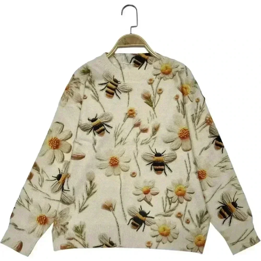 Brand New Floral Bee Crewneck Sweater | Soft Lightweight Knit | Baggy Fit - Picture 3 of 7